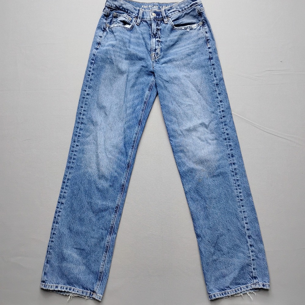 American Eagle Low-Rise Baggy Jeans Medium Wash Distressed Wide Leg Size 4